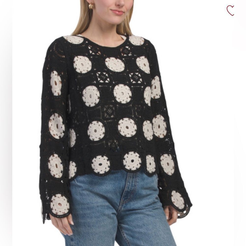 ultra pink M Black Ivory Crochet Squares Rounds Cotton Pullover Sweater